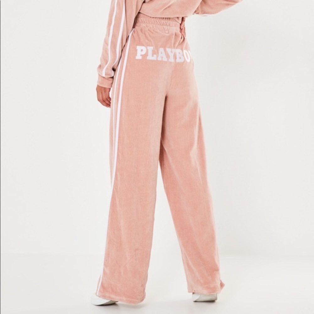 Playboy X Missguided Pink Velour Wide Leg Pants